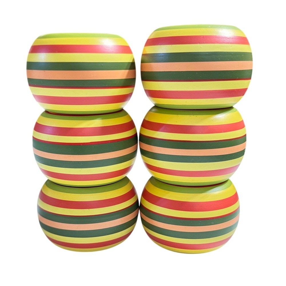 Vintage Multicolor Striped Wood Napkin Rings Set of 6 Hand Painted Table Decor - Picture 3 of 4